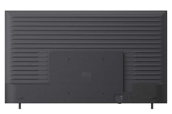 TV 85 pollici LG NANO 4K UHD AI NU85, vista posteriore completa su sfondo bianco, con dettagli sugli ingressi per la connettività e fori per il montaggio VESA.